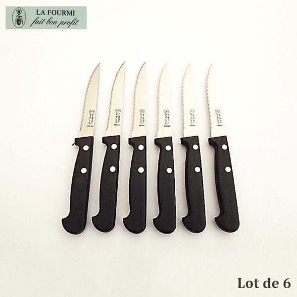 Lot de 6 couteaux de Table Crantés - Lot 1 -
 La Fourmi -
 Plastique noir - Vue 1 - coutellerie-du-sud.com